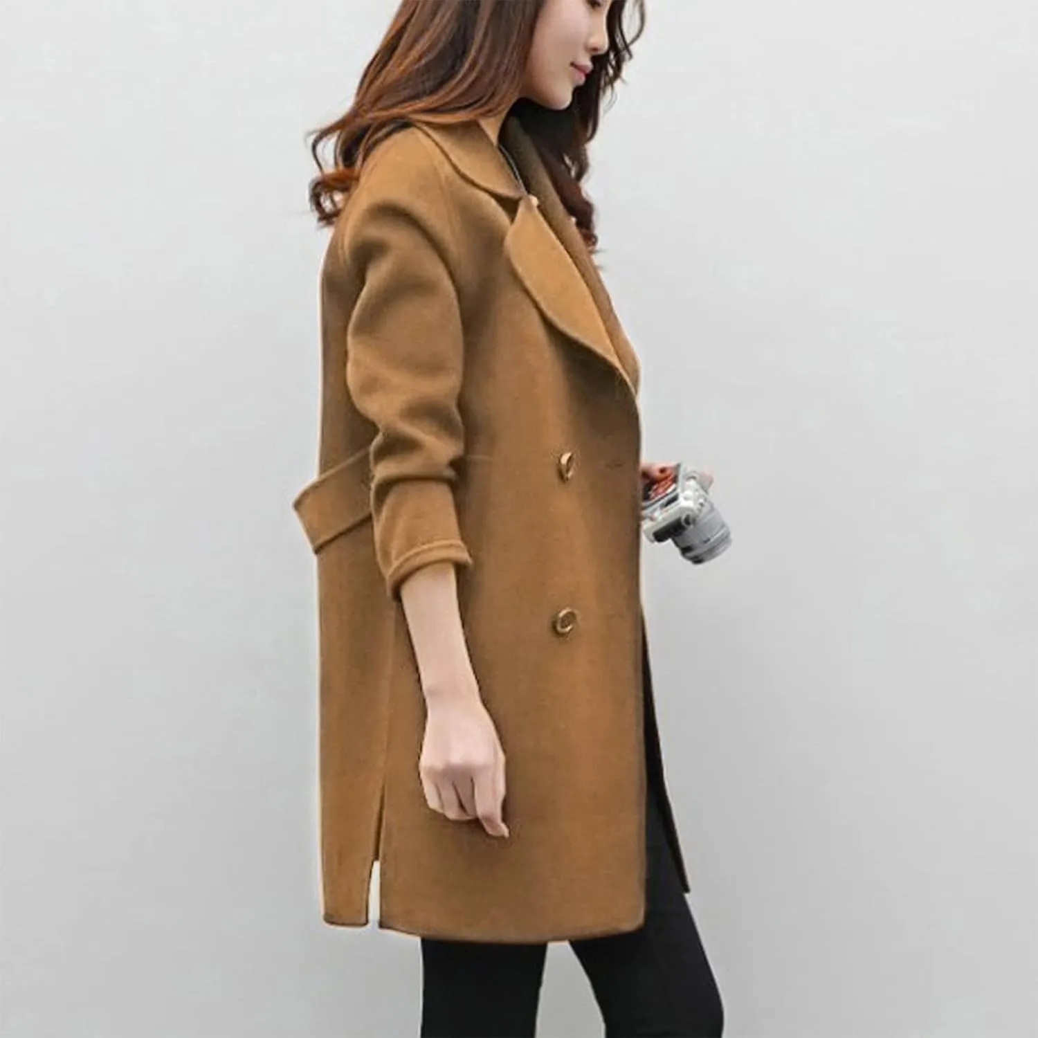 Women Elegant Notched Collar Double Breasted Wool Blend Over Coat Long Sleeve Warm Winter Mid Long Jacket 2024
