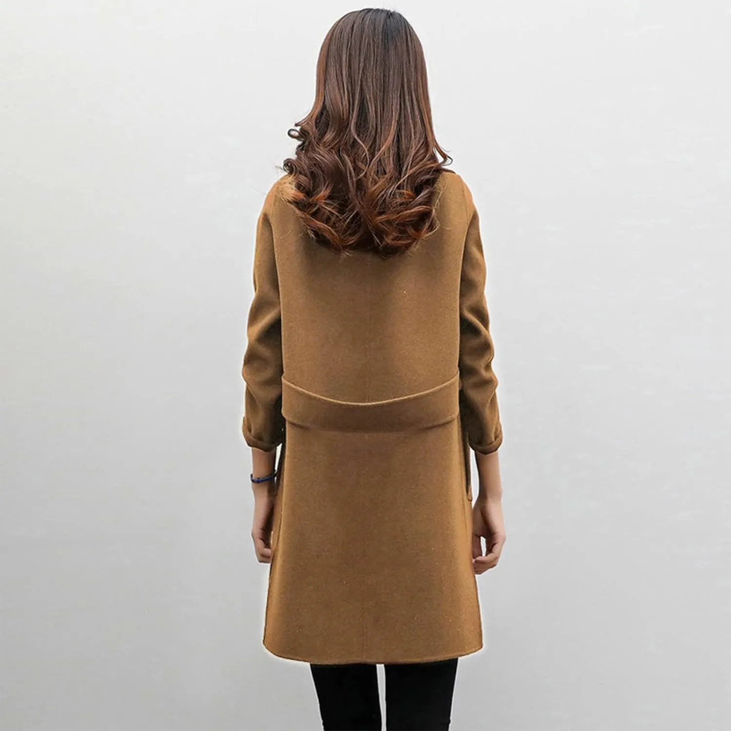 Women Elegant Notched Collar Double Breasted Wool Blend Over Coat Long Sleeve Warm Winter Mid Long Jacket 2024