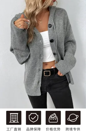 Women Hooded Sweater Tops Solid Cable Knit Cardigans Button Down Open Front Sweater Coat with Drawstring