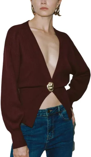 Women Knitted Cardigans Long Sleeve V-Neck Lightweight Sweater One Leaf Button Down Outwear