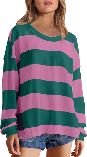 Women Long Sleeve Lightweight Sweatshirts 2024 Fall Fashion Striped Pullover Tops Loose Casual Sweatshirt