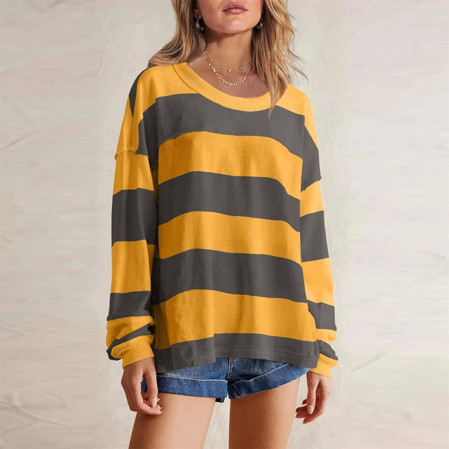 Women Long Sleeve Lightweight Sweatshirts 2024 Fall Fashion Striped Pullover Tops Loose Casual Sweatshirt