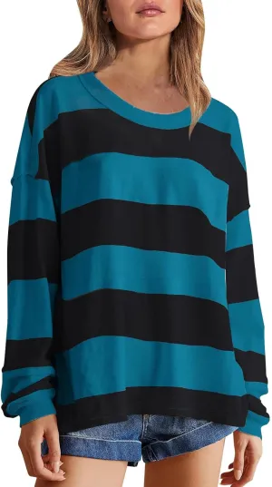Women Long Sleeve Lightweight Sweatshirts 2024 Fall Fashion Striped Pullover Tops Loose Casual Sweatshirt