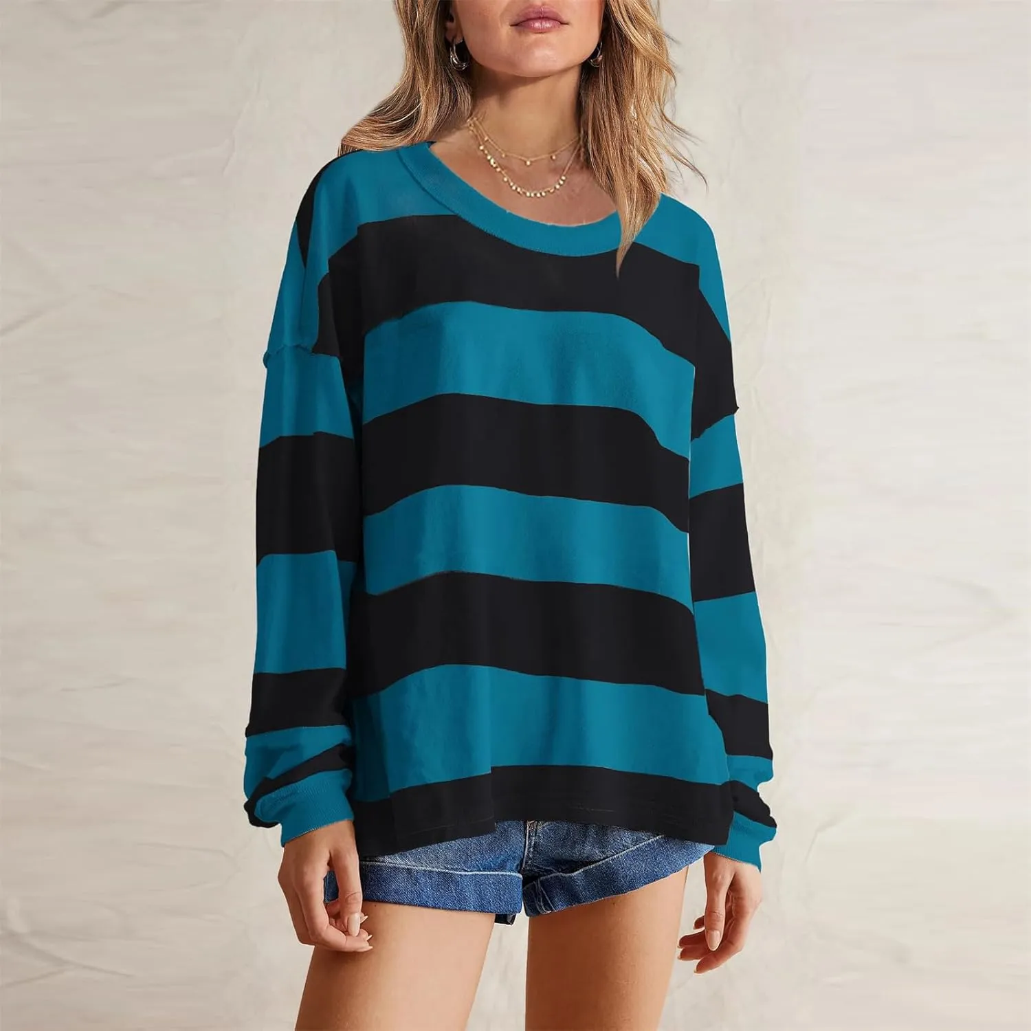 Women Long Sleeve Lightweight Sweatshirts 2024 Fall Fashion Striped Pullover Tops Loose Casual Sweatshirt