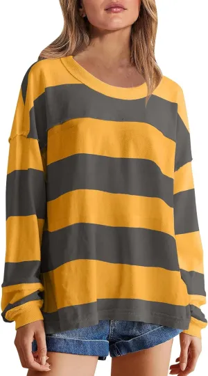 Women Long Sleeve Lightweight Sweatshirts 2024 Fall Fashion Striped Pullover Tops Loose Casual Sweatshirt