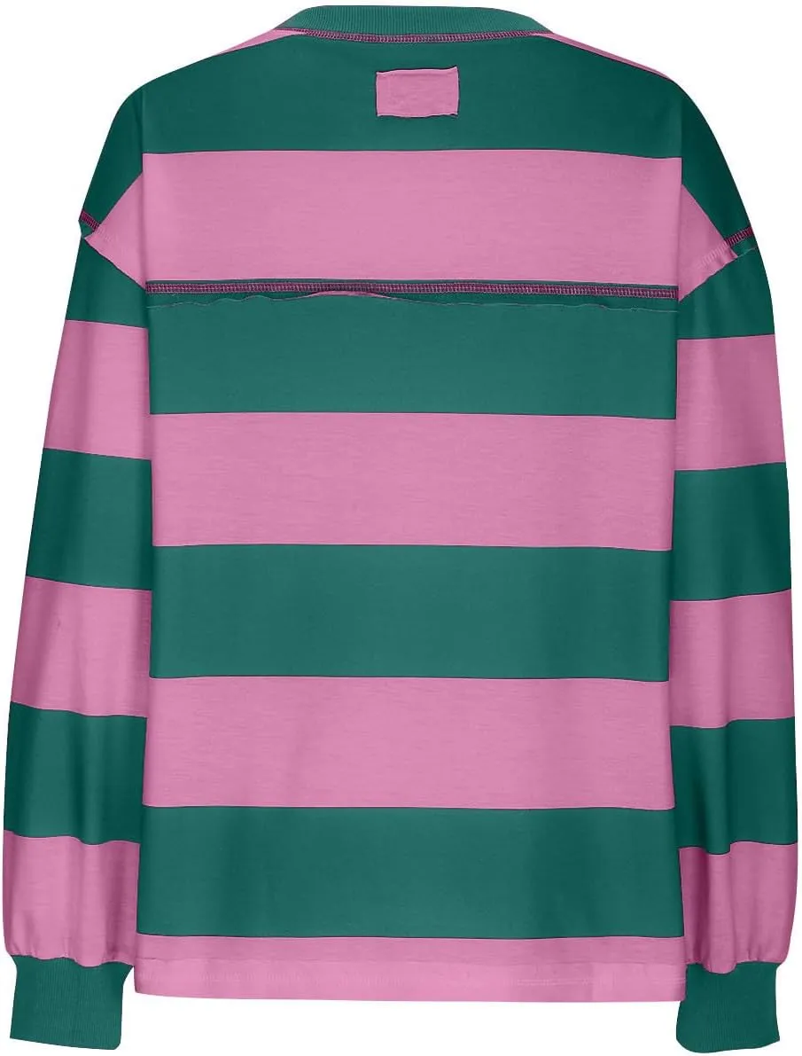 Women Long Sleeve Lightweight Sweatshirts 2024 Fall Fashion Striped Pullover Tops Loose Casual Sweatshirt