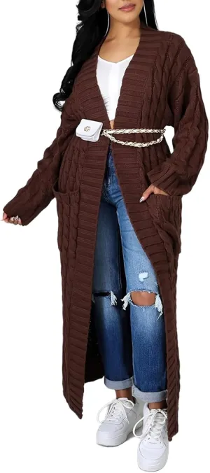 Women Long Sleeve Open Front Cardigan Sweaters Lightweight Chunky Cable Knit Draped Outwear Pockets Kimonos Outfits