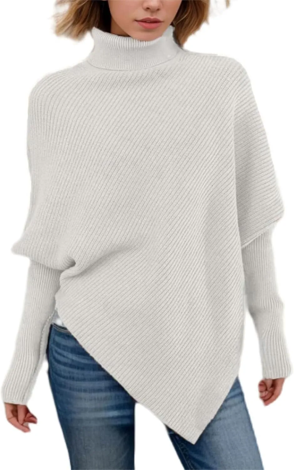 Women Long Sleeve Sweaters Turtleneck Oversized Chunky Sweaters Fall Outfits Asymmetric Hem Tops
