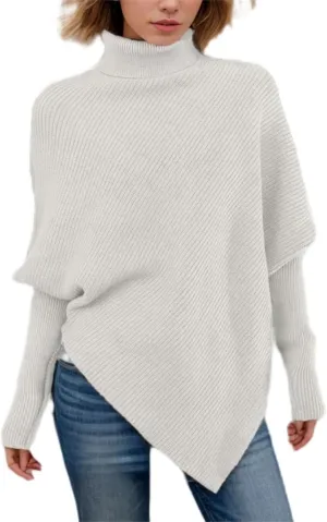 Women Long Sleeve Sweaters Turtleneck Oversized Chunky Sweaters Fall Outfits Asymmetric Hem Tops