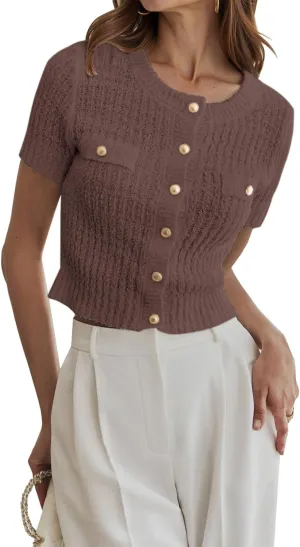 Women Summer Cropped Sweater Cardigan 2025 Short Sleeve Button Down Shirts Dressy Casual Knit Sweater Tops