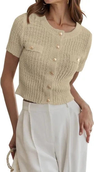 Women Summer Cropped Sweater Cardigan 2025 Short Sleeve Button Down Shirts Dressy Casual Knit Sweater Tops