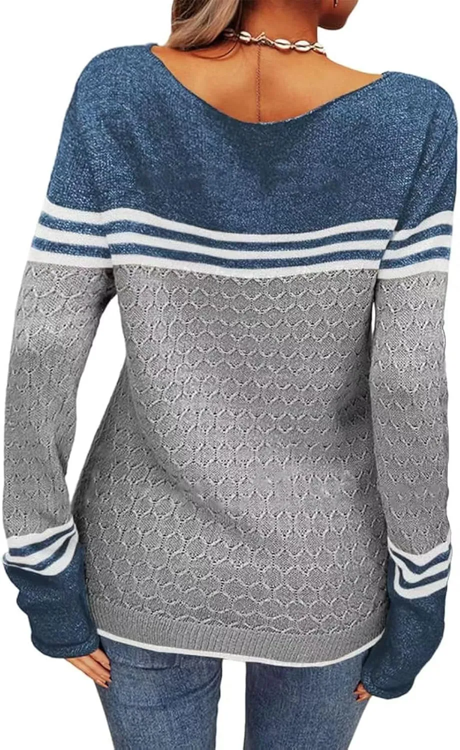 Women Trendy Jumper Striped Pullover Sweater Casual Lightweight Knit Tops Soft Fall Cable Sweaters Knitwear Shirts