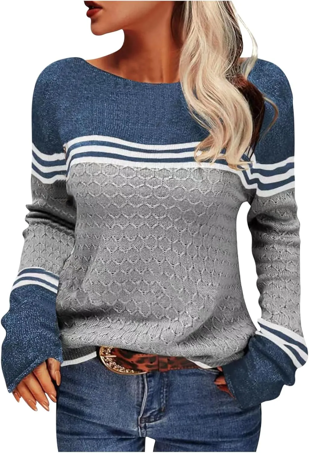 Women Trendy Jumper Striped Pullover Sweater Casual Lightweight Knit Tops Soft Fall Cable Sweaters Knitwear Shirts