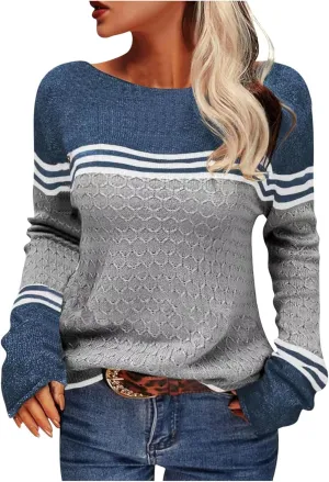 Women Trendy Jumper Striped Pullover Sweater Casual Lightweight Knit Tops Soft Fall Cable Sweaters Knitwear Shirts