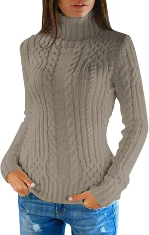 Women Turtleneck Sweater Casual Long Sleeve Pulover Sweaters Chunky Warm Ribbed Cable Knit Tops Jumpers Blouses