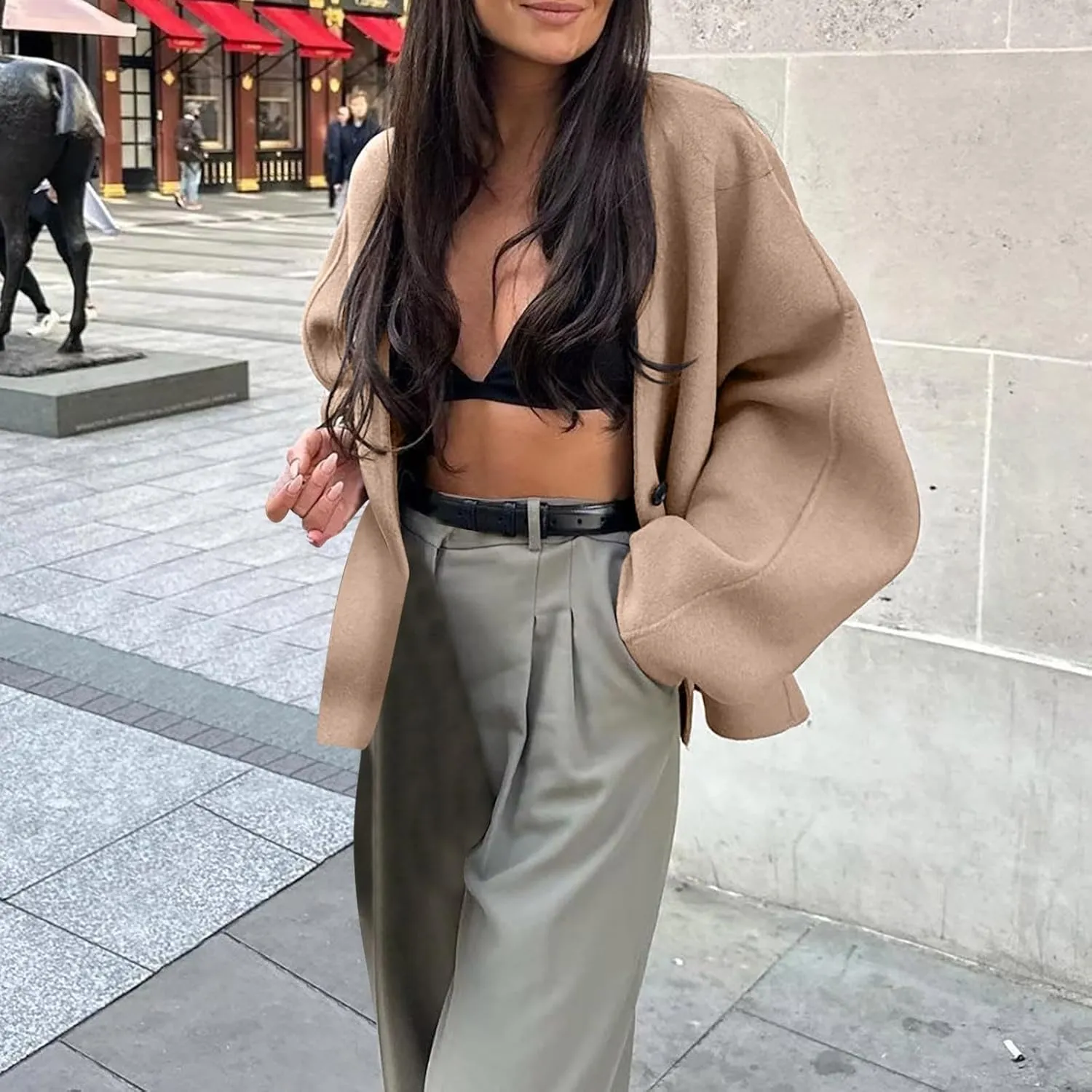 Women Winter Jacket Plus Size Wool Blend Long Sleeve Button Down Loose Coat Solid Casual Short Pea Coat Outerwear