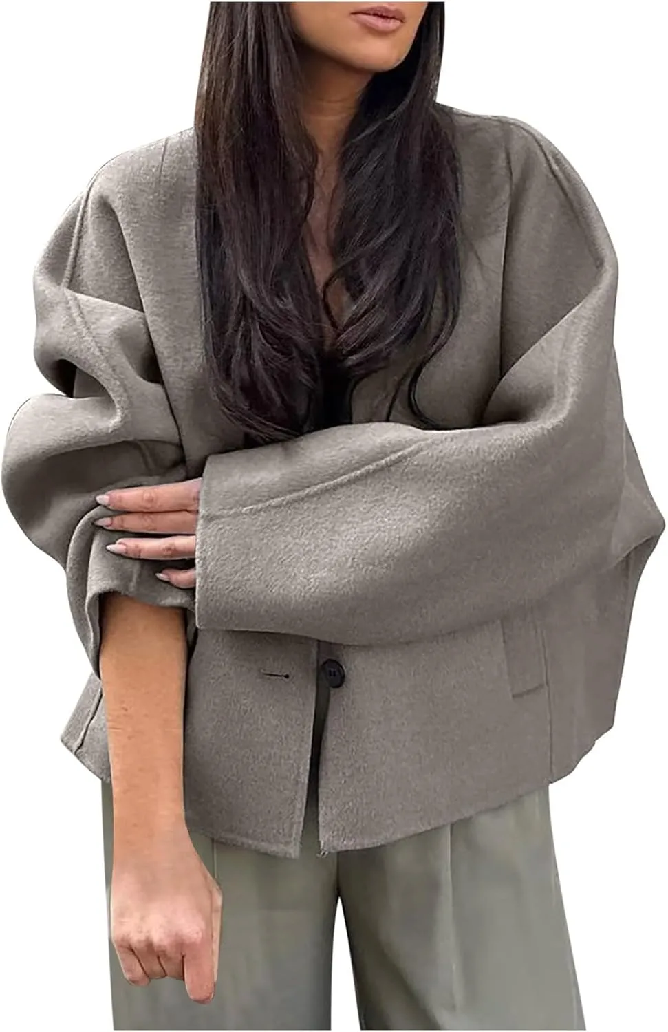 Women Winter Jacket Plus Size Wool Blend Long Sleeve Button Down Loose Coat Solid Casual Short Pea Coat Outerwear