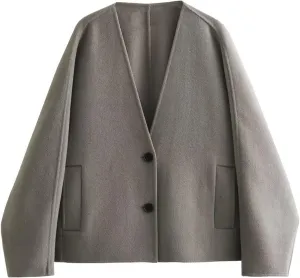 Women Winter Jacket Plus Size Wool Blend Long Sleeve Button Down Loose Coat Solid Casual Short Pea Coat Outerwear