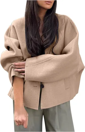 Women Winter Jacket Plus Size Wool Blend Long Sleeve Button Down Loose Coat Solid Casual Short Pea Coat Outerwear