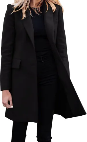 Women Winter Wool Blend Coats Thick Mid-Long Coat Single BreastedNotch Lapel Trench Jacket Elegant Pea Coat Outwear