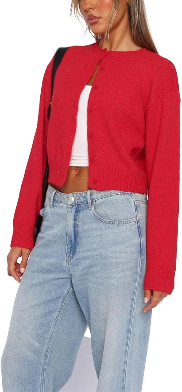 Women Y2k Button Front Crop Sweater, Casual Solid Cardigan Long Sleeve Lightweight Knit Pullover Fall Outfits Tops