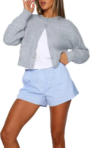 Women Y2k Button Front Crop Sweater, Casual Solid Cardigan Long Sleeve Lightweight Knit Pullover Fall Outfits Tops