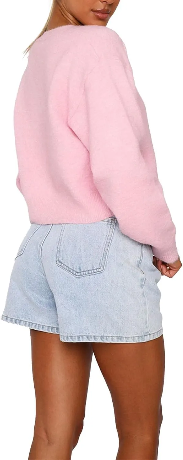 Women Y2k Button Front Crop Sweater, Casual Solid Cardigan Long Sleeve Lightweight Knit Pullover Fall Outfits Tops