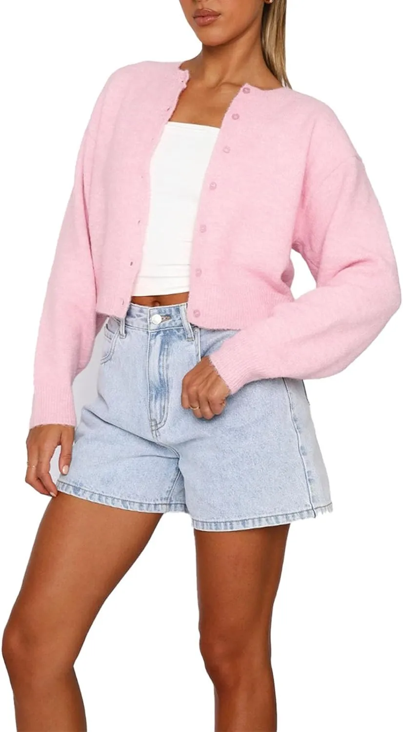 Women Y2k Button Front Crop Sweater, Casual Solid Cardigan Long Sleeve Lightweight Knit Pullover Fall Outfits Tops