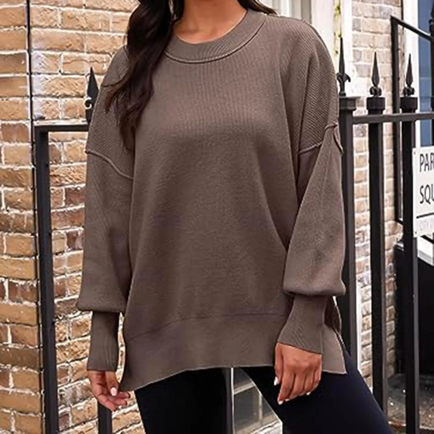 Womens 2023 Oversized Sweaters Batwing Long Sleeve Pullover Sweaters Side Slit Ribbed Knit Sweaters Jumper Tops
