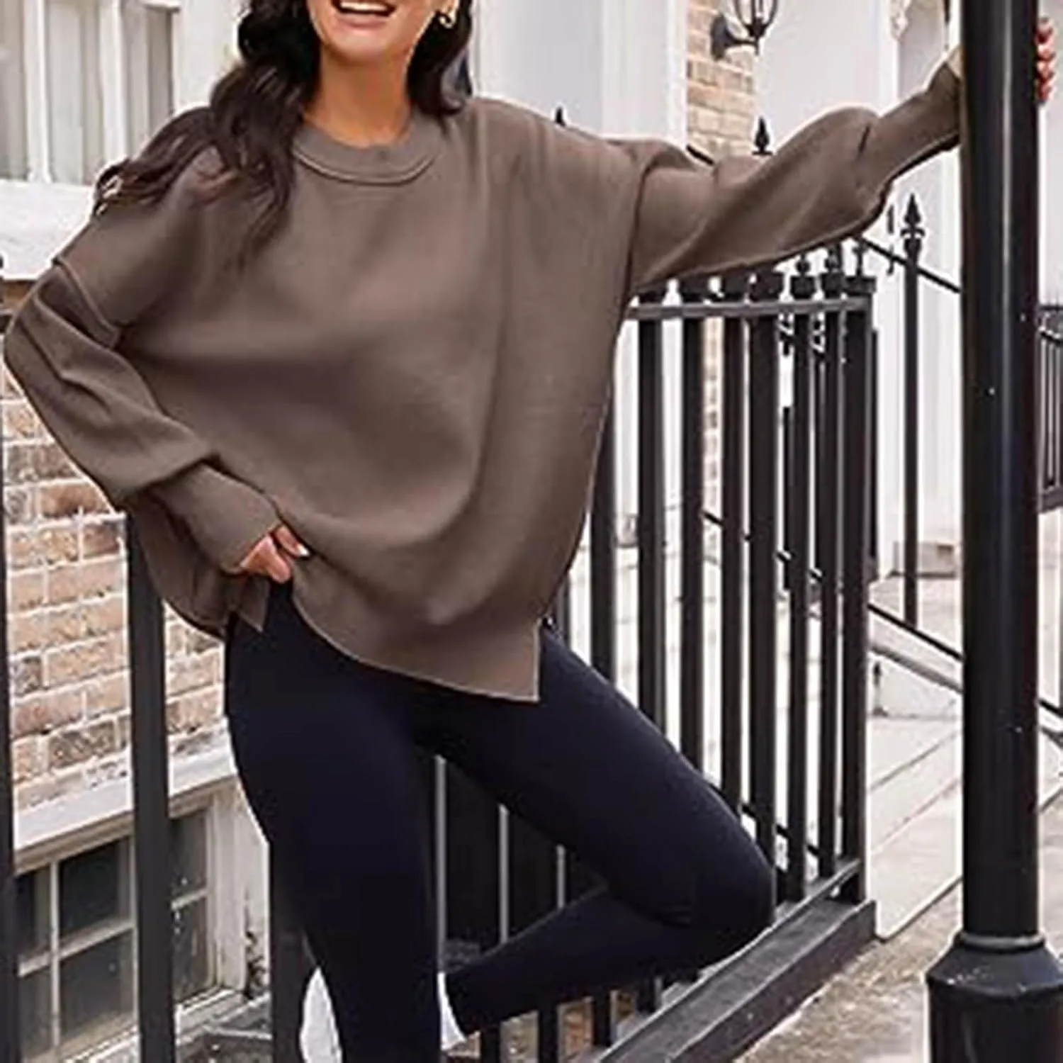 Womens 2023 Oversized Sweaters Batwing Long Sleeve Pullover Sweaters Side Slit Ribbed Knit Sweaters Jumper Tops