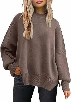 Womens 2023 Oversized Sweaters Batwing Long Sleeve Pullover Sweaters Side Slit Ribbed Knit Sweaters Jumper Tops