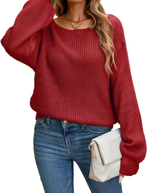 Women's 2024 Boat Neck Long Lantern Sleeve Ribbed Knit Solid Soft Pullover Sweater Tops