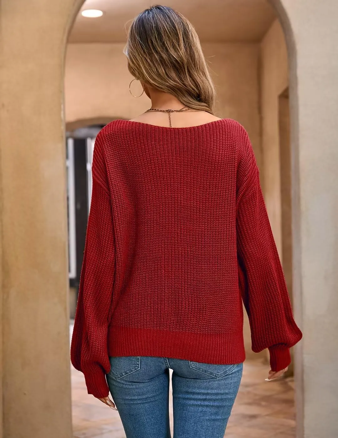Women's 2024 Boat Neck Long Lantern Sleeve Ribbed Knit Solid Soft Pullover Sweater Tops
