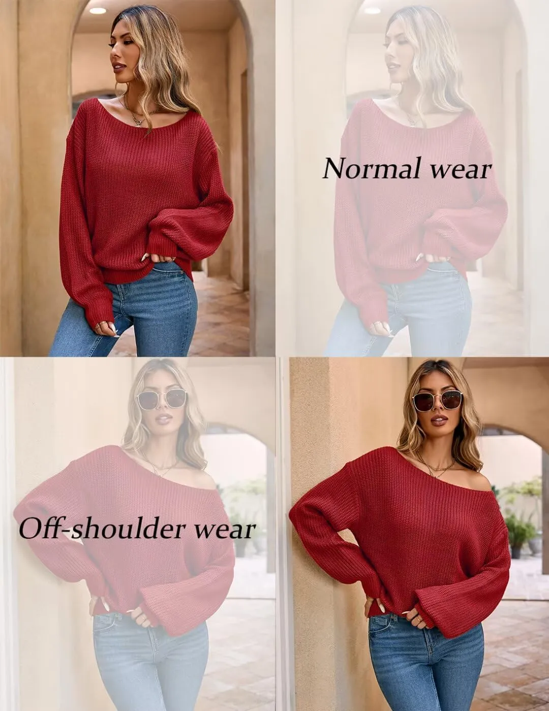 Women's 2024 Boat Neck Long Lantern Sleeve Ribbed Knit Solid Soft Pullover Sweater Tops
