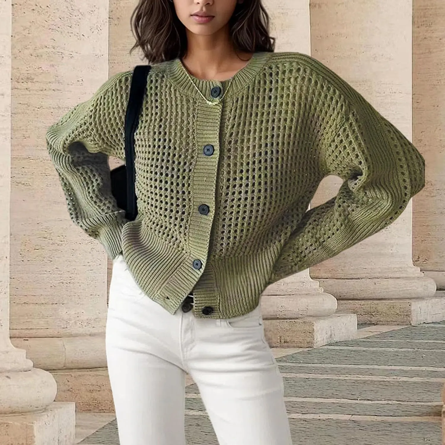Womens 2024 Casual Fashion Open Front Cardigans Cropped Chunky Knit Long Sleeve Sweaters Fall Trendy Outfits