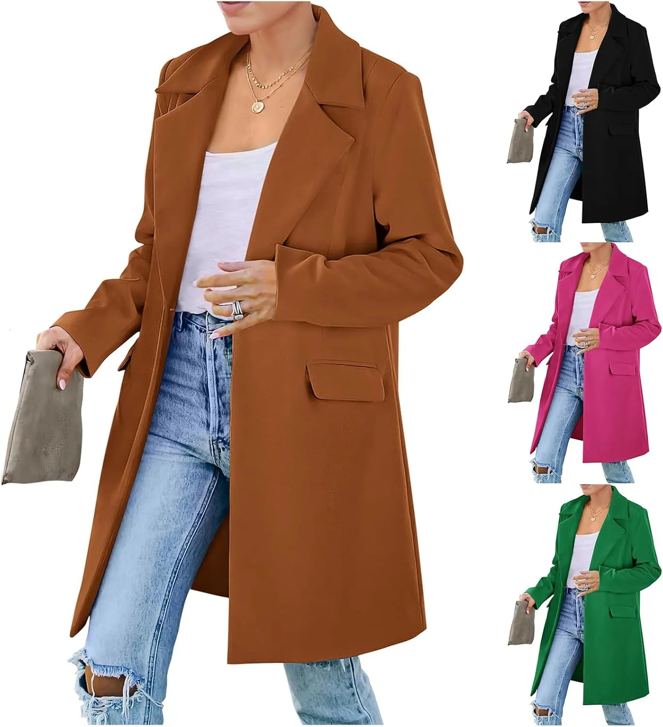 Women's 2024 Fall Long Blazer Jackets Elegant Blend Wool Pea Coat Long Sleeve Notch Lapel One Button Outerwear