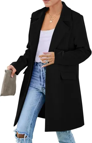Women's 2024 Fall Long Blazer Jackets Elegant Blend Wool Pea Coat Long Sleeve Notch Lapel One Button Outerwear