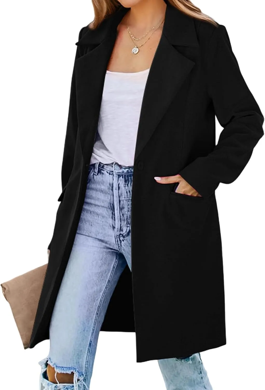 Women's 2024 Fall Long Blazer Jackets Elegant Blend Wool Pea Coat Long Sleeve Notch Lapel One Button Outerwear