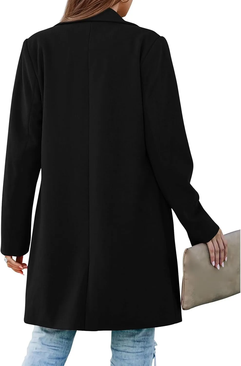 Women's 2024 Fall Long Blazer Jackets Elegant Blend Wool Pea Coat Long Sleeve Notch Lapel One Button Outerwear