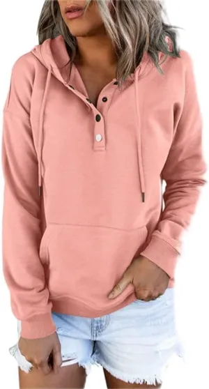 Womens 2024 Hooded Button Collar Drawstring Hoodies Casual Long Sleeve Tops Shirts Pullover Sweatshirts Pockets