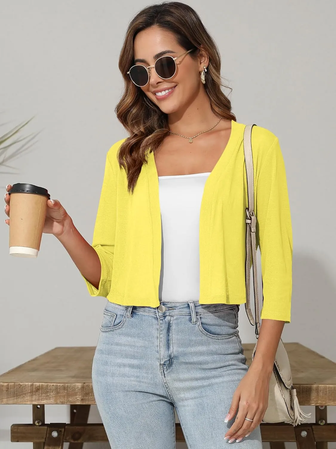 Women's 3/4 Sleeve Thin Shrugs Lightweight Open Front Cropped Sheer Cardigans for Summer