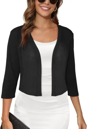 Women's 3/4 Sleeve Thin Shrugs Lightweight Open Front Cropped Sheer Cardigans for Summer