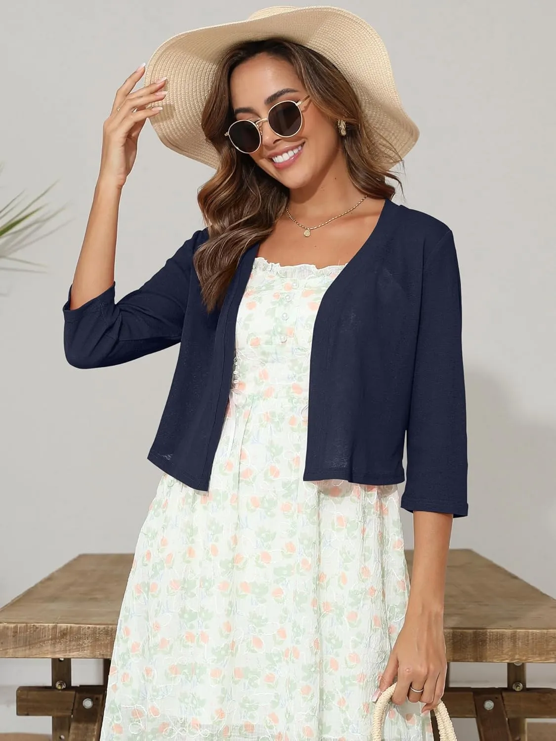 Women's 3/4 Sleeve Thin Shrugs Lightweight Open Front Cropped Sheer Cardigans for Summer