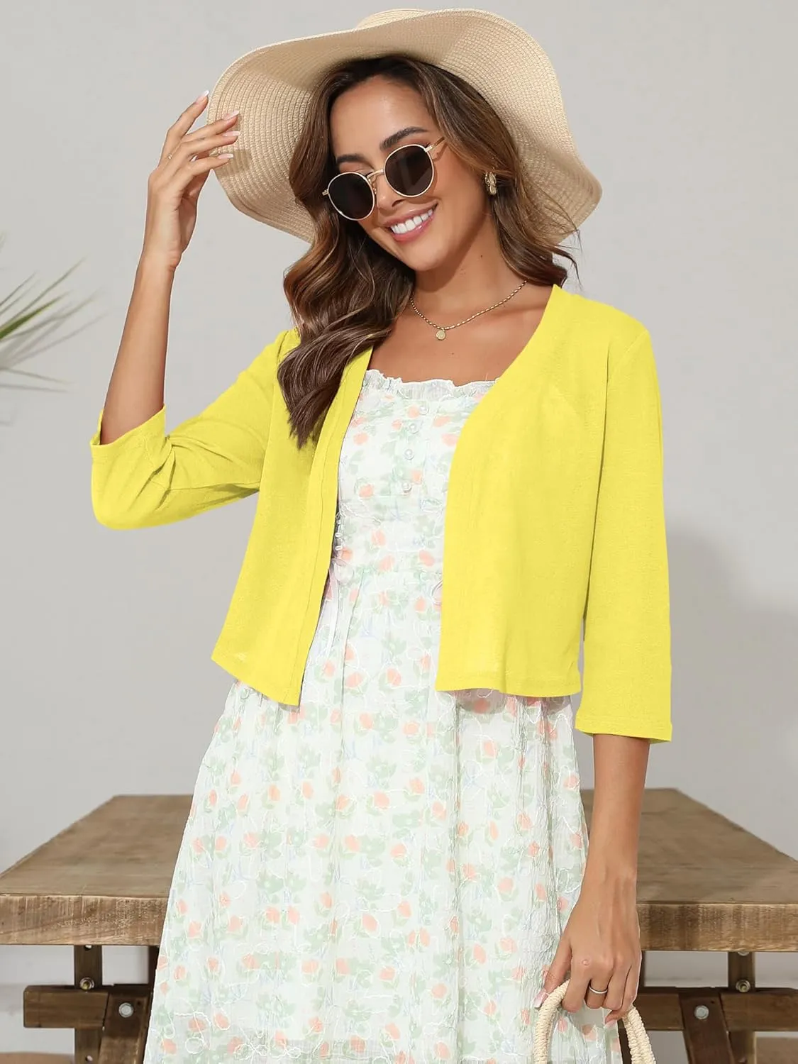 Women's 3/4 Sleeve Thin Shrugs Lightweight Open Front Cropped Sheer Cardigans for Summer