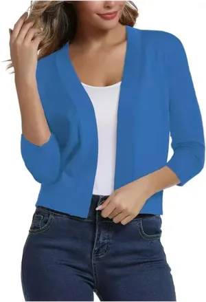 Womens Basic 3/4 Sleeve Open Front Cropped Cardigans Shrug Bolero Knit Sweater Tops Solid Classic Lightweight Coat