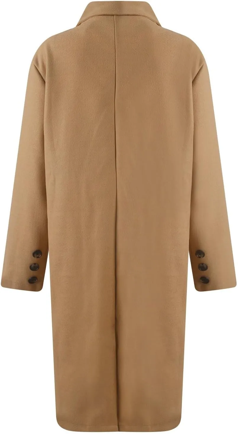 Women's Big Notch Lapel Single Breasted Mid-Long Wool Blend Coat Double Breasted Trench Coat Fall Winter Clothes
