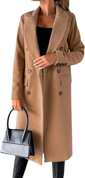 Women's Big Notch Lapel Single Breasted Mid-Long Wool Blend Coat Double Breasted Trench Coat Fall Winter Clothes