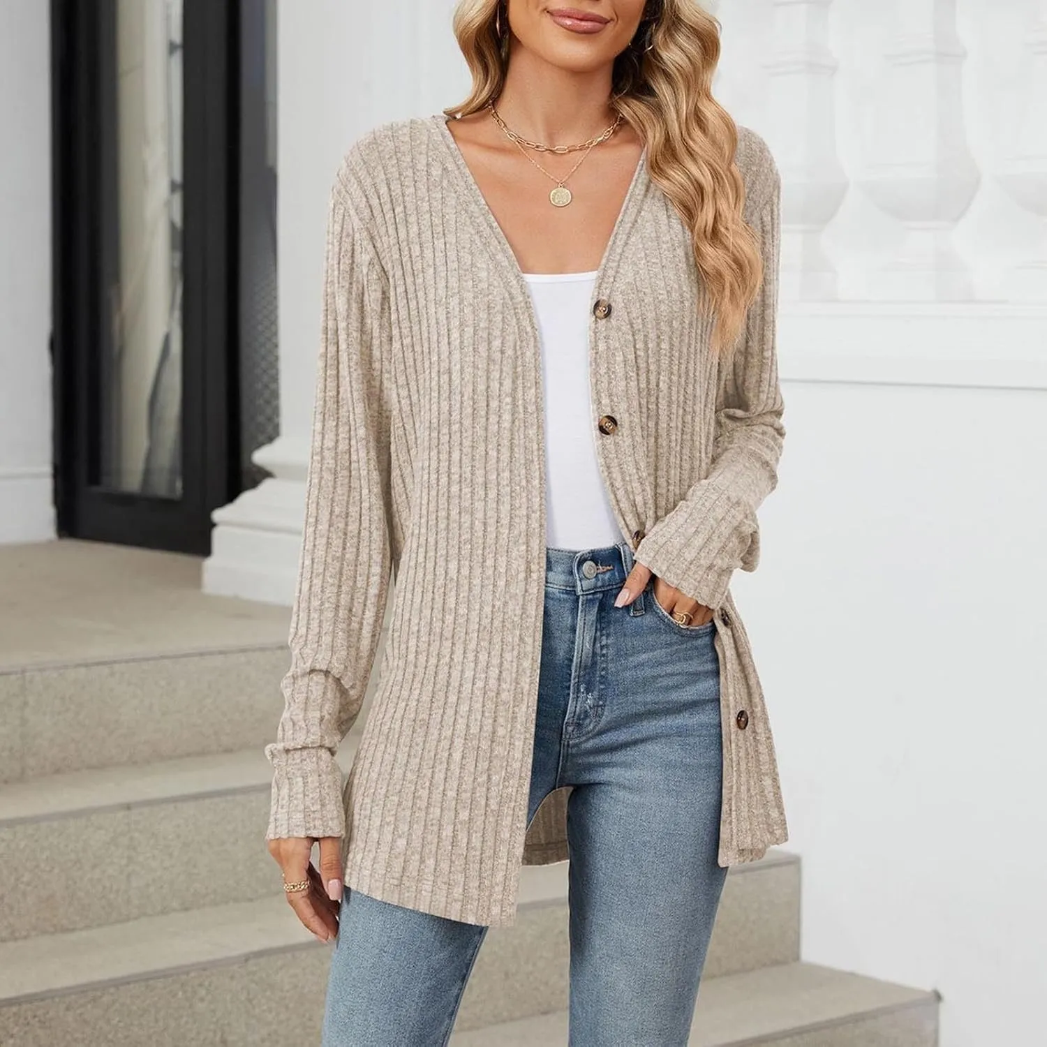 Womens Button Down Open Front Cardigan Fall Lightweight Soft Ribbed Knit Cardigan Sweaters Long Sleeve Coat Outwear