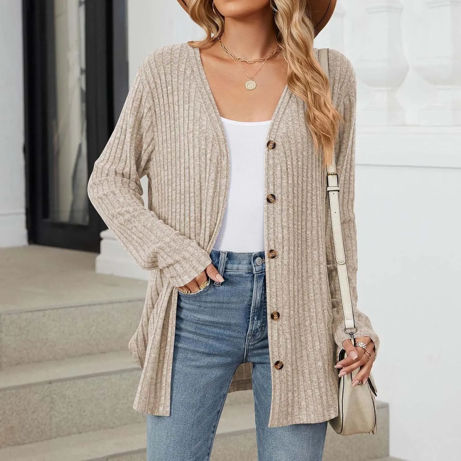 Womens Button Down Open Front Cardigan Fall Lightweight Soft Ribbed Knit Cardigan Sweaters Long Sleeve Coat Outwear