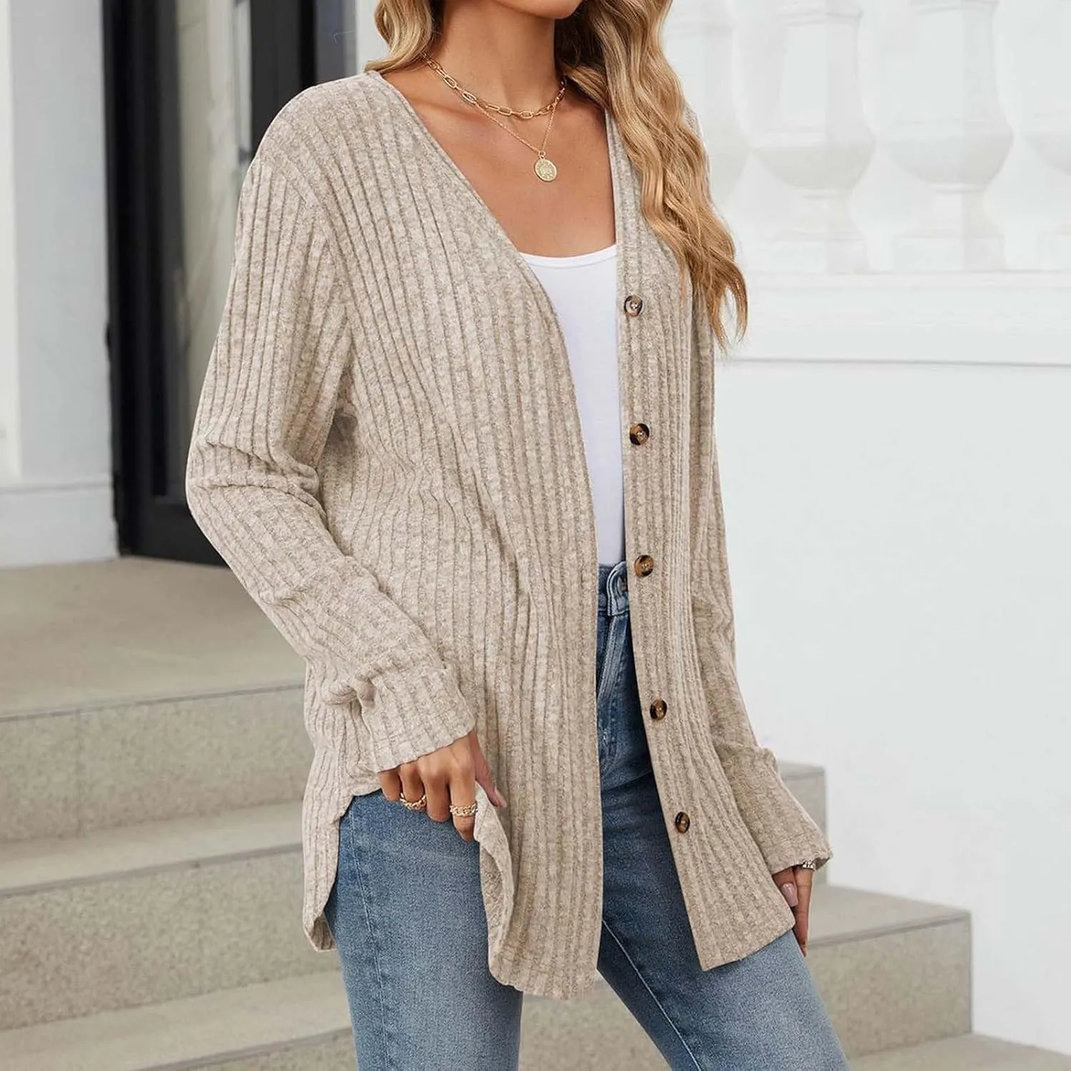 Womens Button Down Open Front Cardigan Fall Lightweight Soft Ribbed Knit Cardigan Sweaters Long Sleeve Coat Outwear
